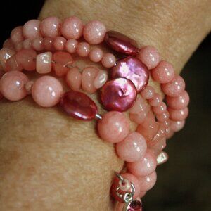 Hand Crafted Pink Sunstone and Pearl Memory Wire Wrist Wrap Bracelet